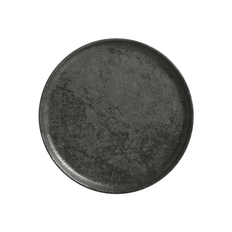 Round black stoneware plate on a white background