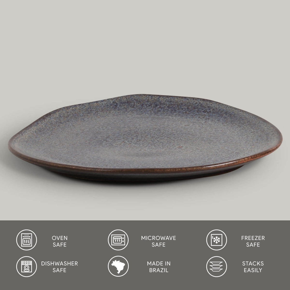 Dark ceramic plate on a light gray background with safety and feature icons at the bottom.