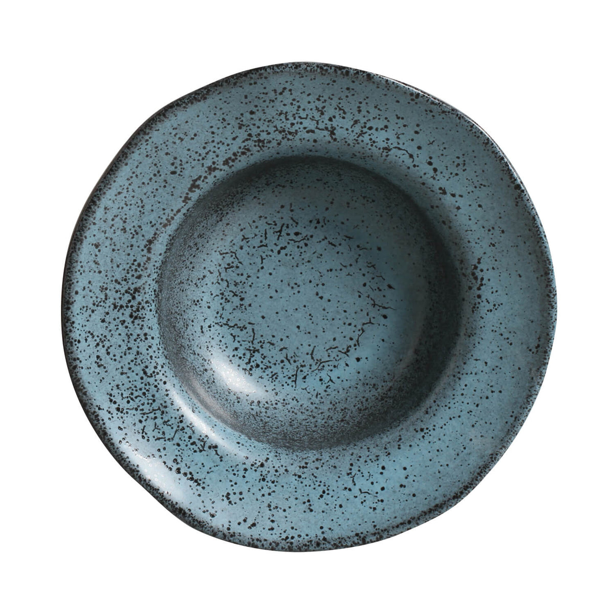 Blue ceramic bowl with speckled texture on a white background