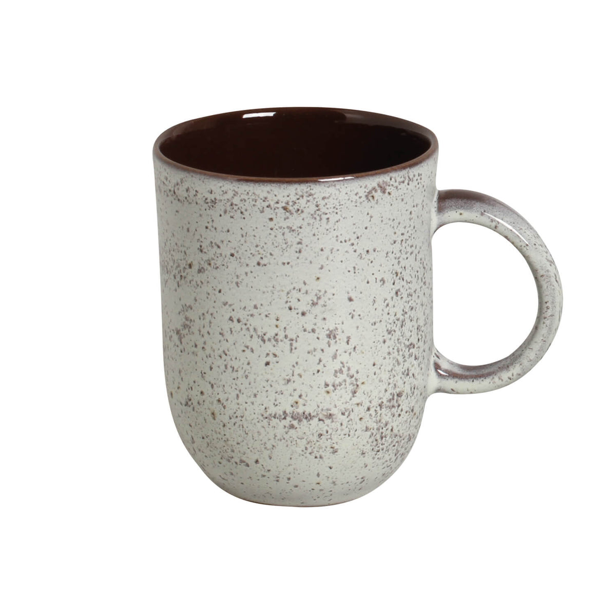Speckled ceramic mug with a brown interior on a white background