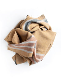 Folded yellow striped towel on a white background
