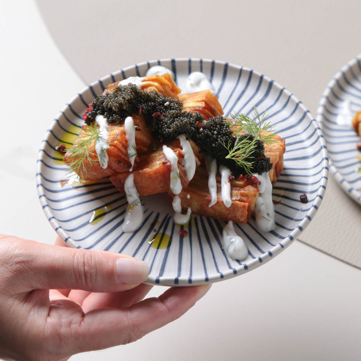 Hand holding a plate with food topped with caviar and sauce