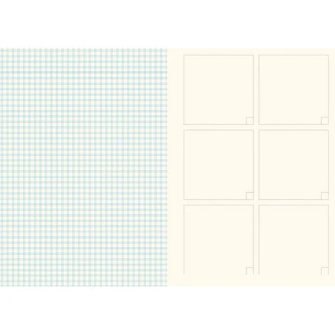 Pages with a light blue and green grid pattern on the left and beige squares on the right.