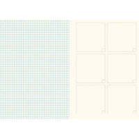 Pages with a light blue and green grid pattern on the left and beige squares on the right.