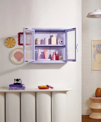 Wall-mounted cabinet with wellness products in a room with decorative elements.