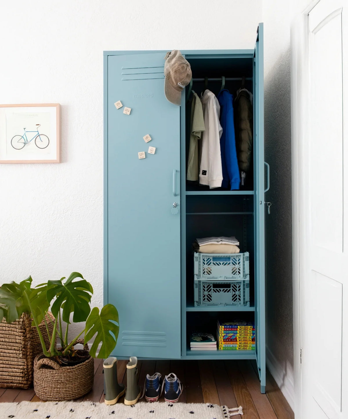 Blue locker with clothes and storage boxes in a room with plants and a bicycle picture.