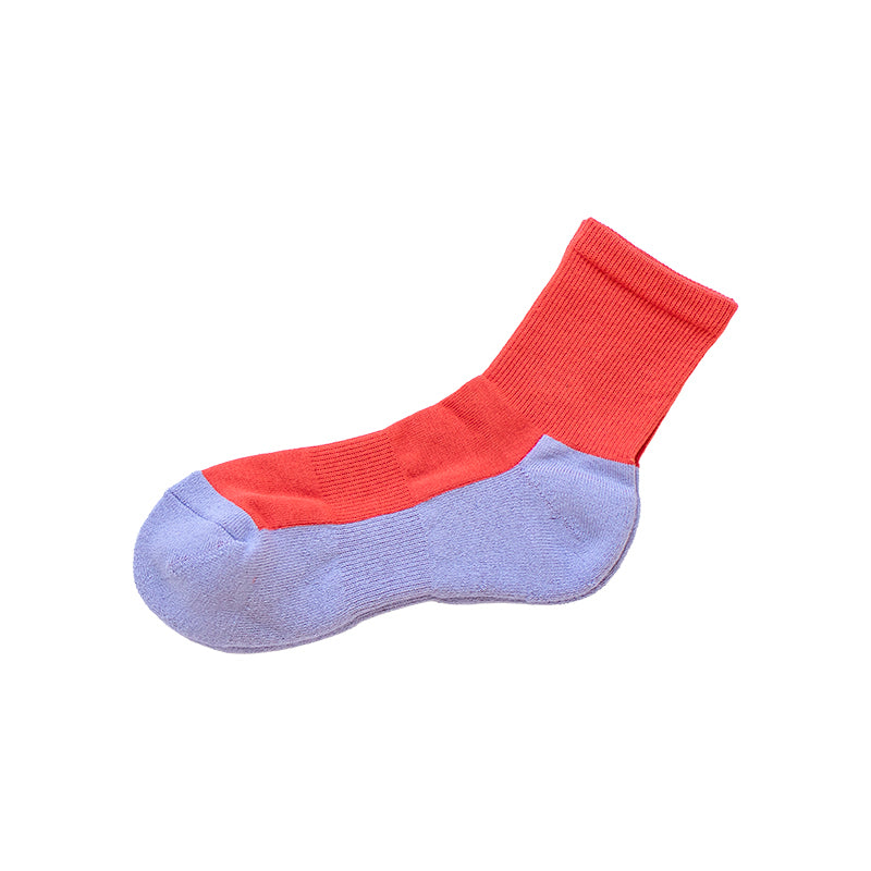Red and lavender ankle sock on a white background