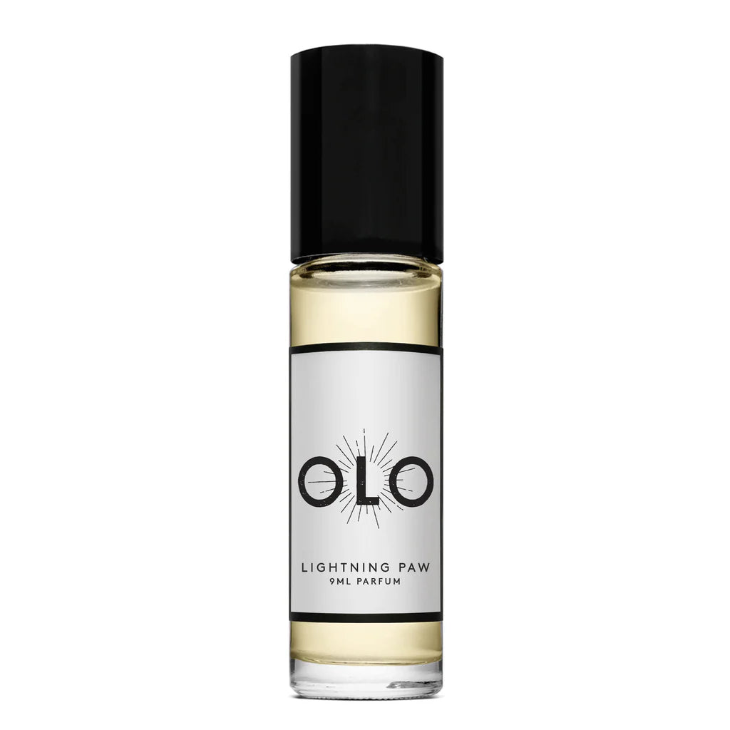 Perfume roller bottle labeled 'OLO Lightning Paw' on a white background