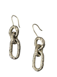 Silver dangling hammered chain earrings on a white background
