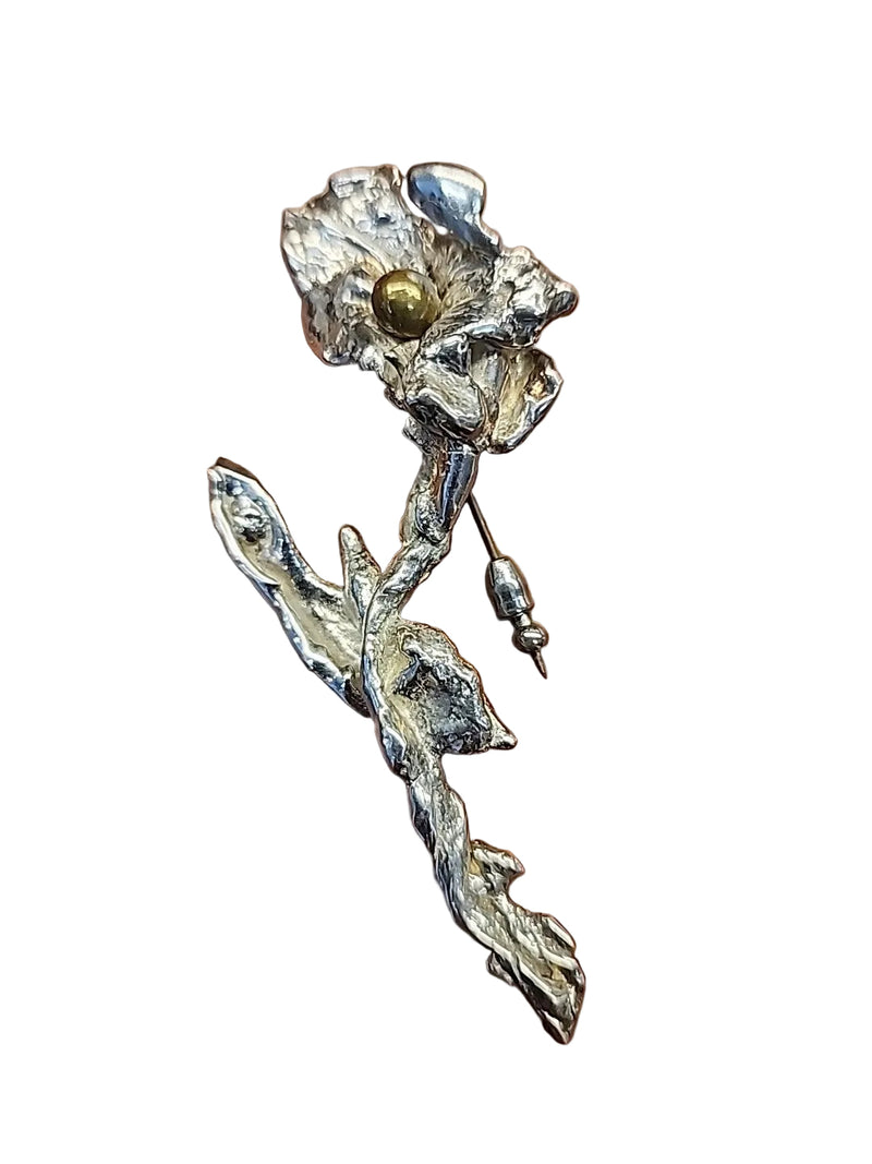 Sterling Silver Brutalist Abstract Flower Brooch on a white background