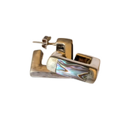 Silver square hoop earrings with abalone shell inlay on a white background