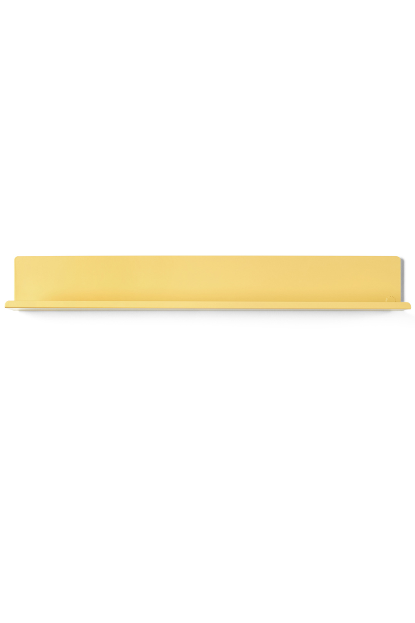 Yellow rectangular wall mounted floating shelf on a white background